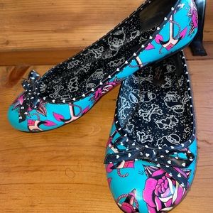 Iron Fist Ballet Flats Teal with Roses and Anchors Rockabilly
